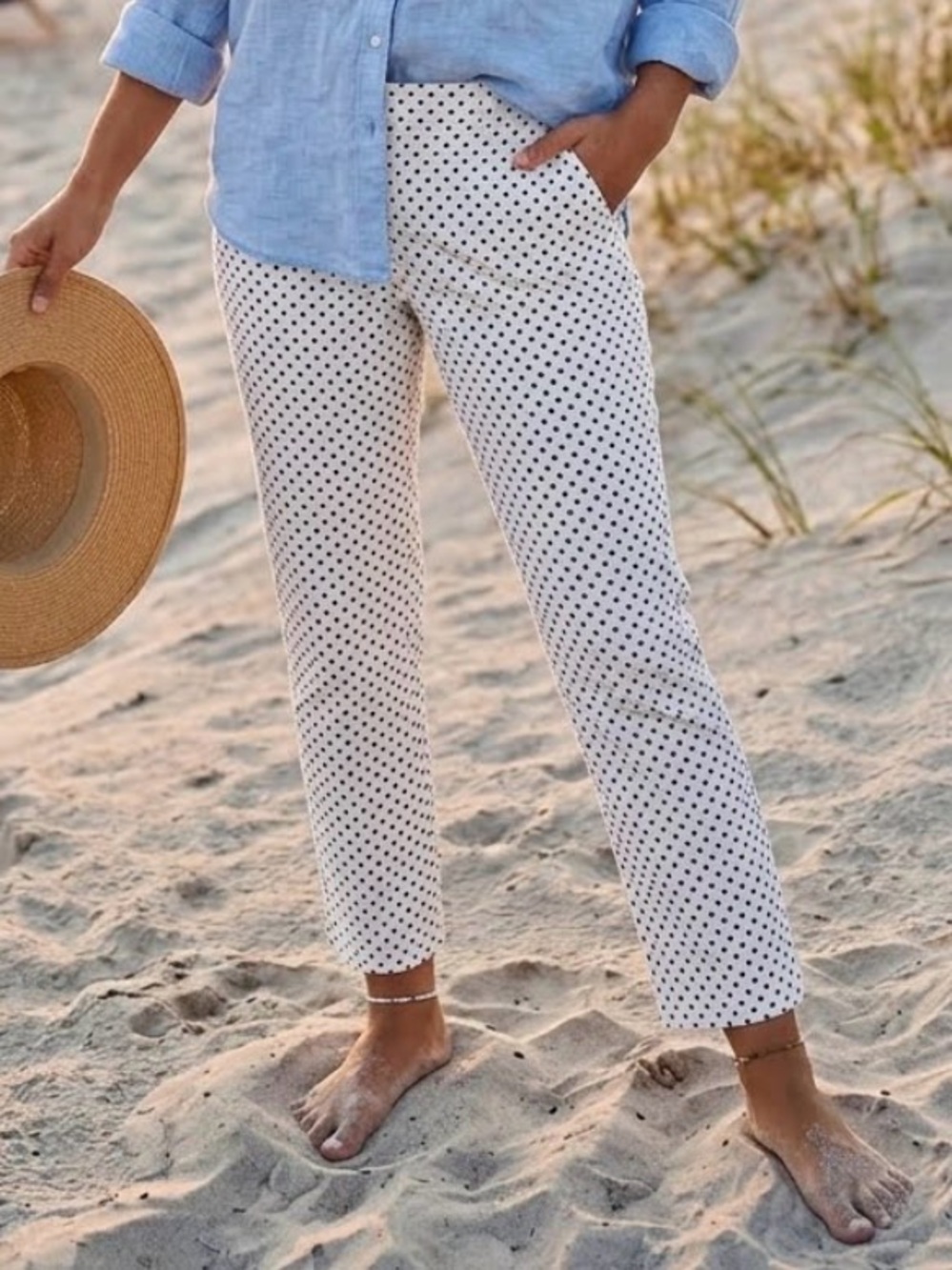 Tommy Hilfiger Womens Size 10 White Black Polka Dot Flat Front Taper Ankle Pants